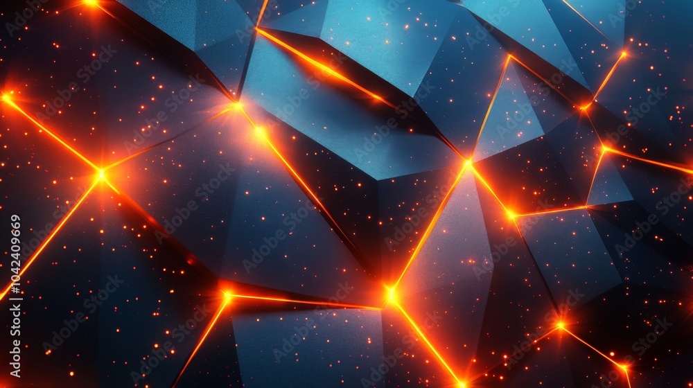 Poster This visual showcases an abstract composition with luminous orange lines intersecting geometric shapes on a blue backdrop, ideal for digital artwork or design inspiration.