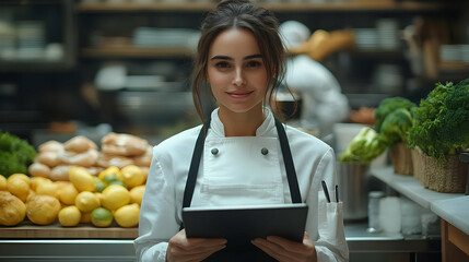 Obraz premium A chef in a kitchen holding a tablet, surrounded by fresh produce.