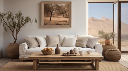 Fototapeta premium Modern rustic living room with wicker and wood accents, adding a cozy, bohemian touch to the space.