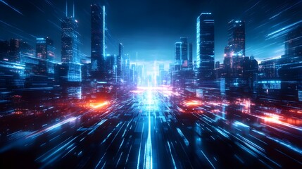 Fototapeta premium Retro-futuristic urban landscape, sleek geometric towers rise above streets filled with graffiti murals, blending old-school art with tech