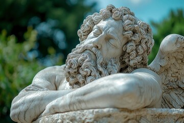 Naklejka premium White Marble Statue of a Winged Man with a Beard, Sleeping with Arms Crossed