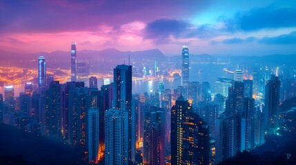 Fototapeta premium Skyscrapers in the early morning glow, with dynamic retro street art wrapping the city below, celebrating urban culture through vivid colors