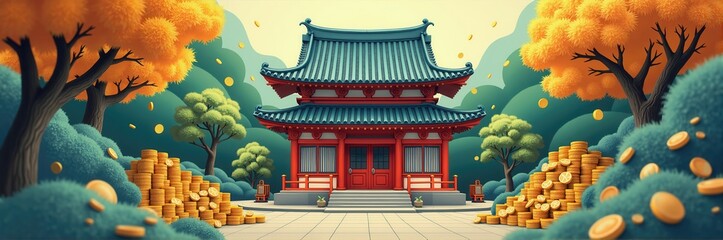 Naklejka premium A vibrant illustration of a traditional Asian temple surrounded by autumn foliage and golden coins, symbolizing prosperity and cultural richness.