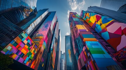 Naklejka premium Skyscrapers soar into a clear sky, contrasted by vivid street art murals that bring energy and life to the sleek, urban surroundings