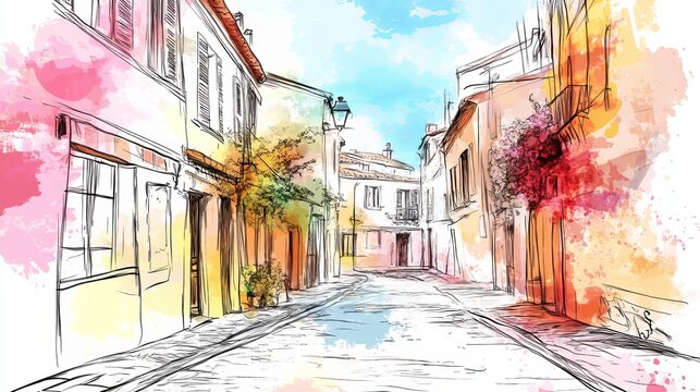 Fototapeta A charming hand-drawn sketch of an old street in romantic Provence, with colorful background blobs and ink line drawing style