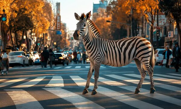 A striking zebra pauses on a city crosswalk, surrounded by bustling traffic and autumn foliage, showcasing the unexpected blend of wildlife and urban life.
