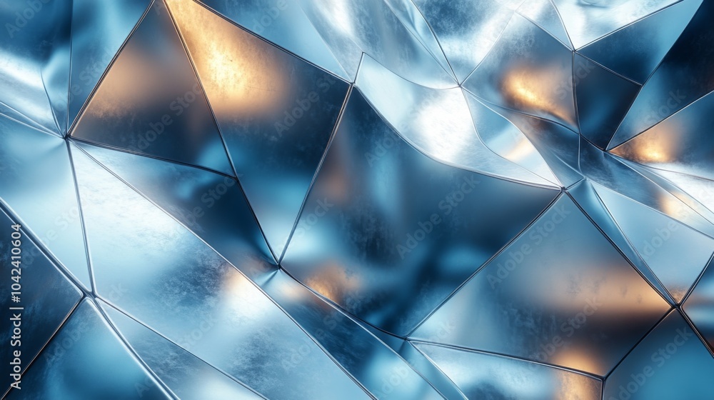 Poster The display features a dynamic mix of geometric shapes in metallic tones, reflecting light and creating an engaging, textured surface that captivates the viewer eye.