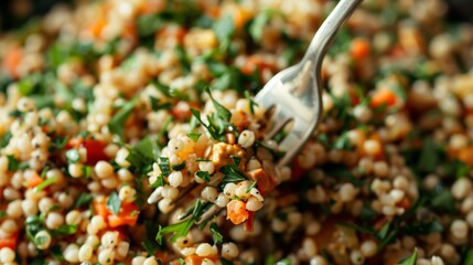 A fork piercing a mound of buckwheat pilaf revealing the mix of es and herbs that give it its distinct flavor.