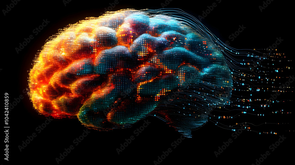 Poster a vibrant, digital representation of a brain with flowing data streams.