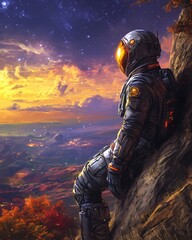 Fototapeta premium An astronaut gazes at a vibrant sunset from a rocky perch, blending science fiction and nature.
