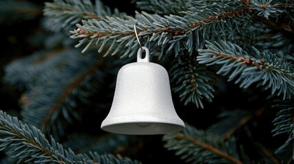 A decorative white Christmas ornament with silver and gold glitter rests on green pine branches on a wooden backdrop, perfect for branding