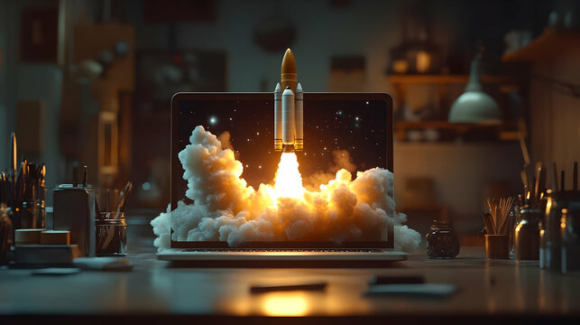A rocket launching from a laptop, symbolizing innovation and exploration.