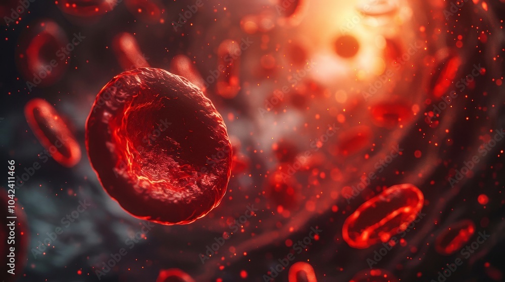 Poster detailed view of a single red blood cell, showcasing its structure and color.