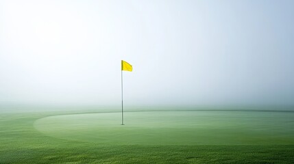 Obraz premium An eerie golf course shrouded in thick fog, the bright yellow flag standing out against the dewy, emerald fairway