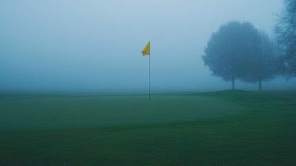 A fog-covered golf course at dawn, with a lone yellow flag glowing vibrantly amid lush green grass