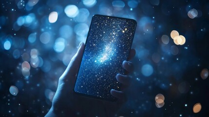 Hand holding a smartphone with a holographic, and digital particles coming out from the phone.