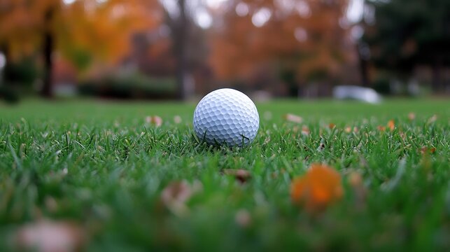 A golf ball in sharp focus, captured in mid-flight, layered over a vibrant fairway with the distant pin, creating dynamic tension and depth
