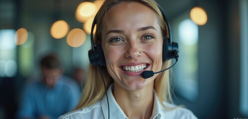 A cheerful female customer service representative with a headset, ready to assist clients in a modern office environment. Represents professionalism and excellent service.
