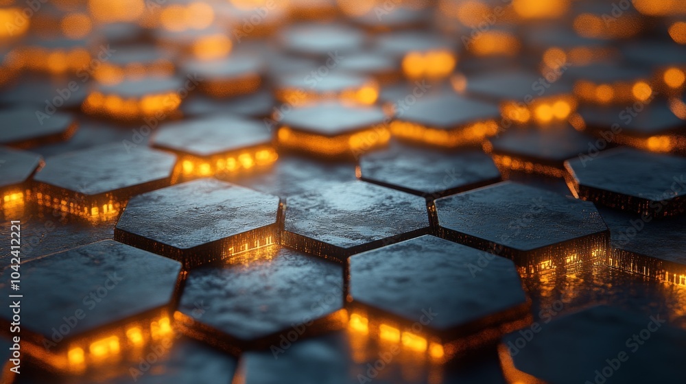Aufkleber The image showcases a detailed arrangement of hexagonal tiles that emit a warm, glowing light, creating a captivating and inviting atmosphere in a dark setting.