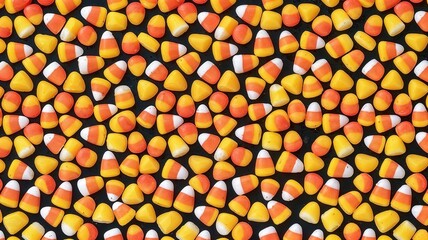 Fototapeta premium Halloween candy corn background with vibrant orange, yellow, and white colors on black surface