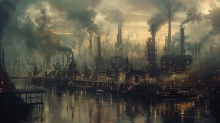 Naklejka premium A dark and moody illustration of an industrial city with a river running through it, the air filled with smoke and steam.