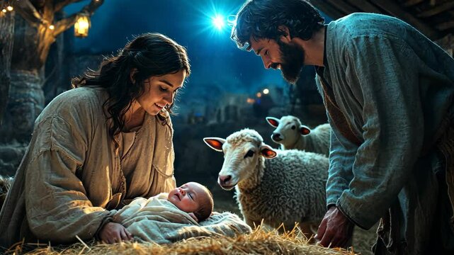 Virgin Mary holding baby Jesus Christ and Joseph looking them. Christmas nativity scene