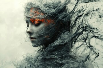 Fototapeta premium A Woman's Face Partially Obscured by Smoke and Ink