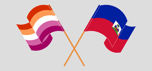 Crossed and waving flags of Lesbian Pride and Republic of Haiti. Vector illustration