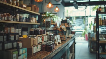 Obraz premium Cozy coffee shop interior with wooden counter and shelves