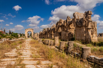 Monumental arch and Roman road at Al Bass archaeological site in Tyre, Lebanon
