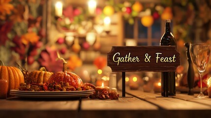 Bold 3D "Gather & Feast" on a banner with an inviting Thanksgiving dinner table behind it