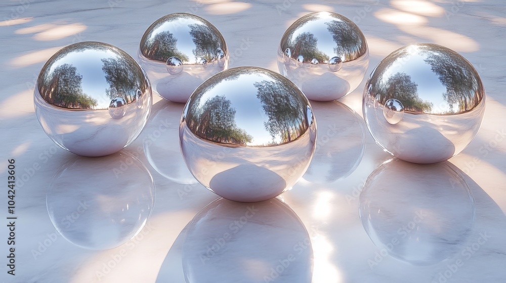 Leinwandbilder five shiny metallic spheres are positioned on a smooth marble surface, reflecting surrounding trees 
