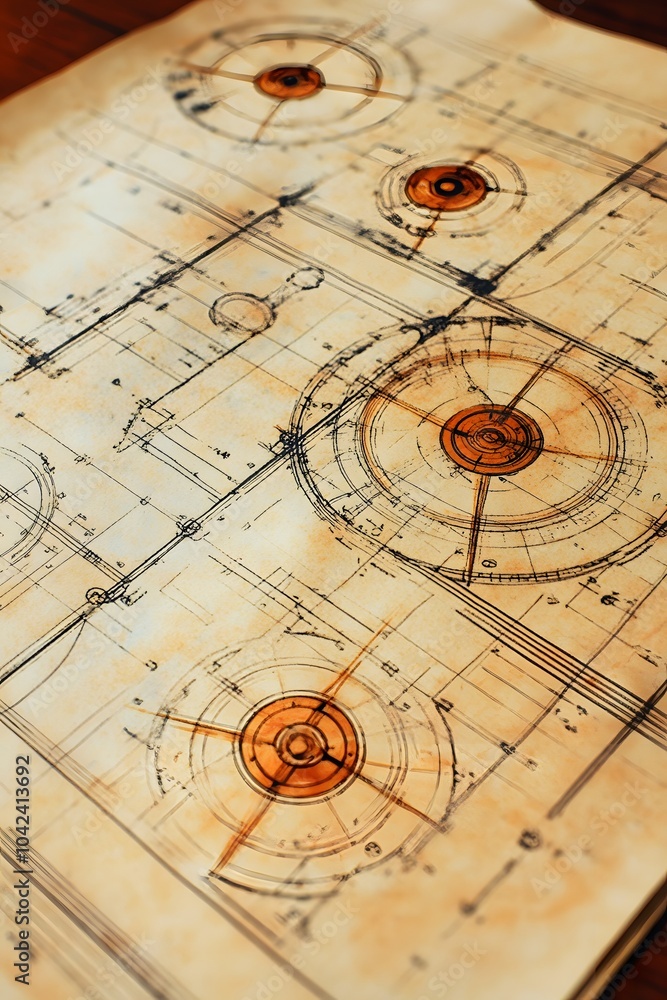 Poster detailed technical blueprint featuring circular designs and intricate lines.