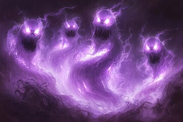 Naklejka premium Four Glowing Purple Spirits Emerging from Darkness