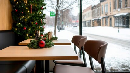 Fototapeta premium Cozy cafe interior with Christmas decorations and snowy street view.