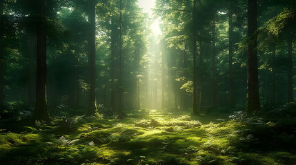 Fototapeta premium Sunlight filters through a serene forest, illuminating lush greenery.