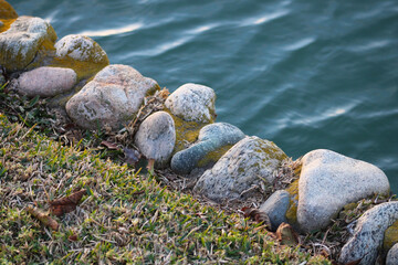 gray rocks lined next to water's edge