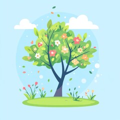 A cartoon illustration of a blooming tree with flowers on a blue sky background.