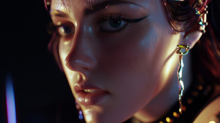 Striking close-up portrait of a young woman with dramatic makeup illuminated by vibrant studio lights during a fashion photoshoot