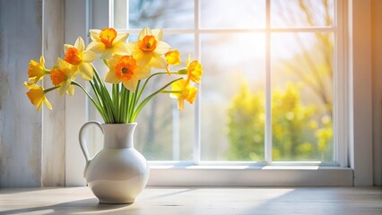 Delightful arrangement of orange daffodil flowers in ceramic vase next to sunlit window casting shadows