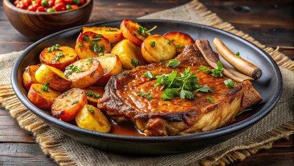 Fototapeta premium Deliciously realistic African braised pork chop and fried plantain presentation