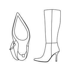 Chunky Block Low Heel for Women's Over The Knee Thigh High Boots Line art, Technical sketch hand drawing outline vector doodle illustration side and bottom view isolated on white background
