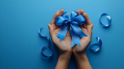 Blue Ribbon Bow Held in Hands,  A Symbol of Hope and Support
