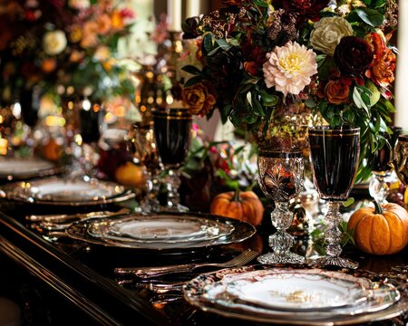 Elegant, black-tie Thanksgiving celebration with formal place settings and luxurious decor