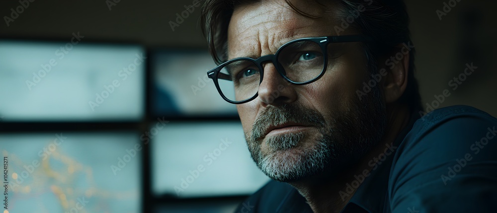 Poster a thoughtful man with glasses gazes intently, surrounded by screens displaying data.