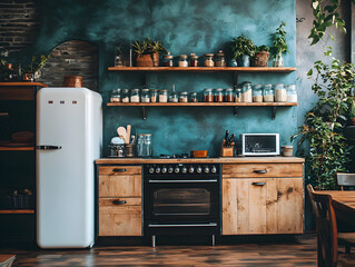 Cozy Modern Kitchen with Vintage Refrigerator and Wooden Cabinets in Blue Wall Setting