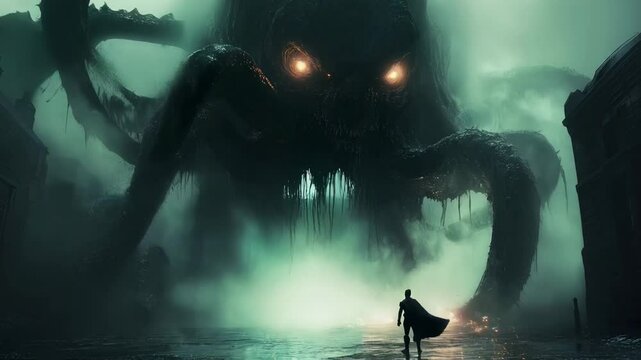 Lone man stands on a flooded city street watching a giant kraken emerge from the sea, its tentacles dripping with seawater and its glowing eyes illuminating the foggy sky. Halloween and game design