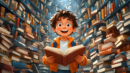 A joyful child holding a book in a vast library of books.