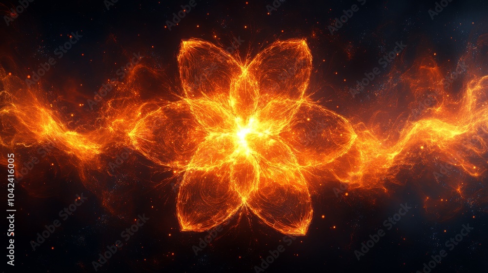 Poster a stunning floral pattern emerges from vibrant flames, radiating a warm glow against a dark cosmic b