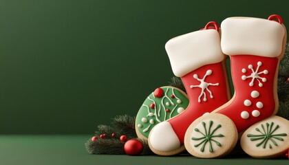 Festive gingerbread cookies and Christmas stockings on green background.